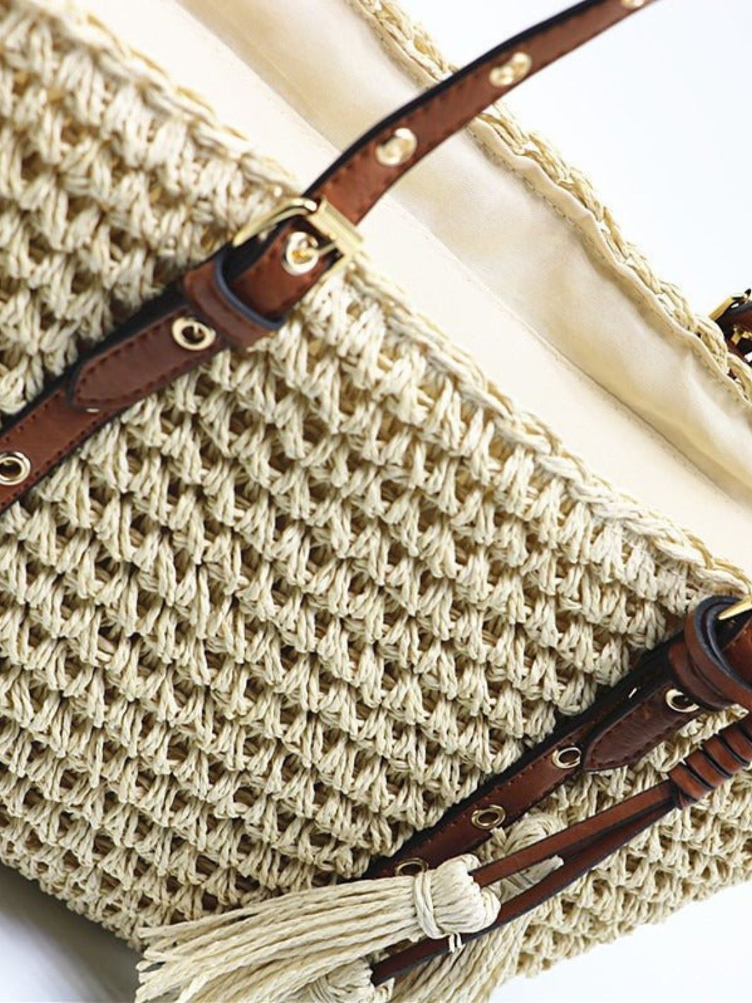 Straw and leather tote basket